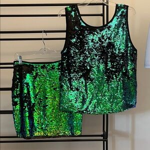 Green Sequin Tank Top and Skirt Set